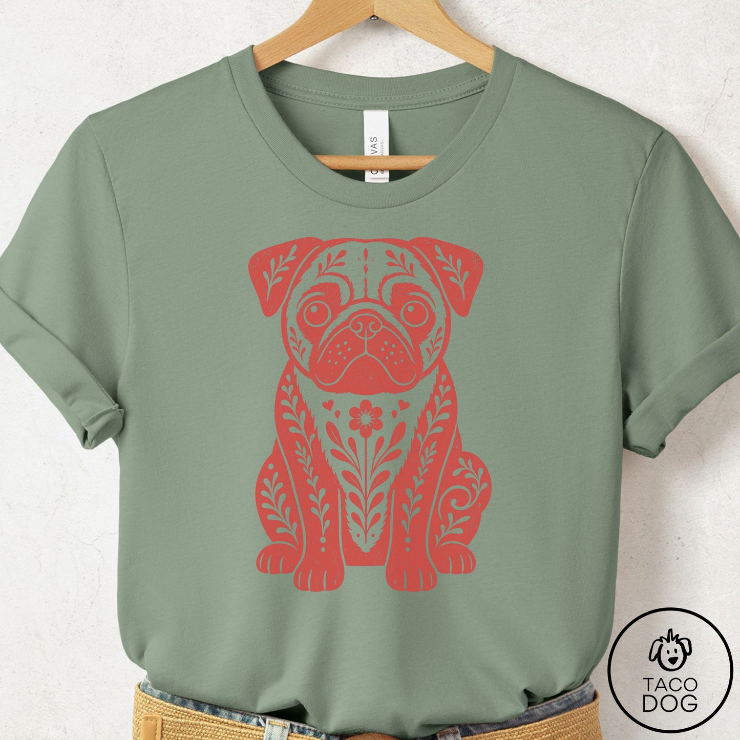 Pug Folk Art Dog T-Shirt Sage Taco-Dog