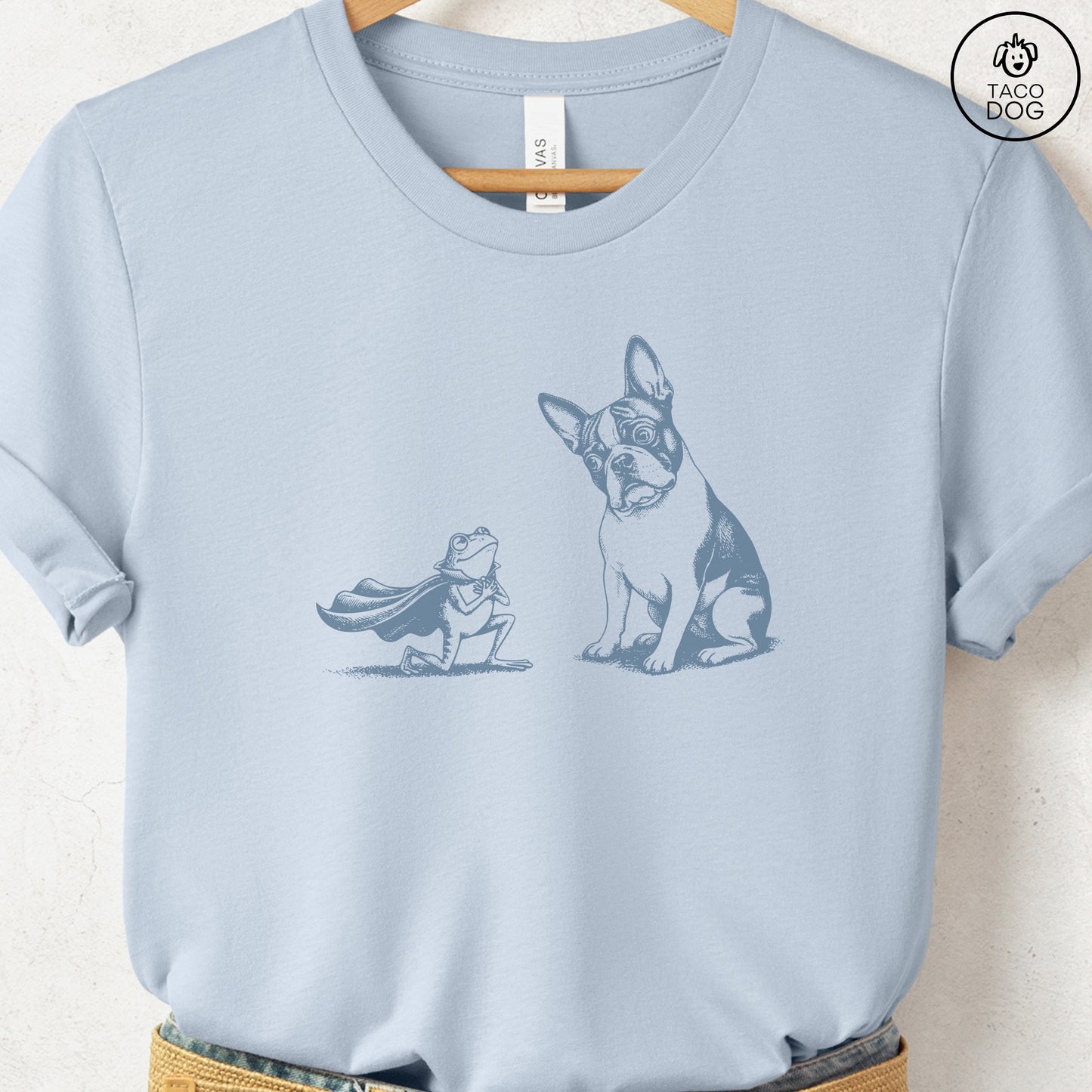 French Bulldog Frenchie & Frog T-Shirt Light Blue Taco-Dog