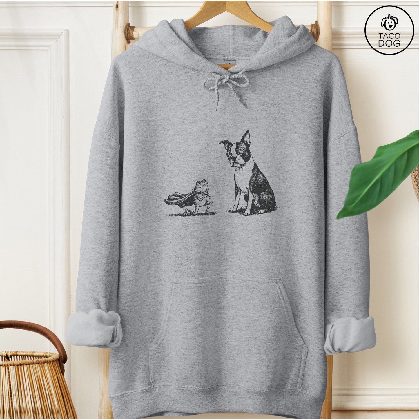 Boston Terrier & Frog Hoodie Graphite Heather Taco-Dog