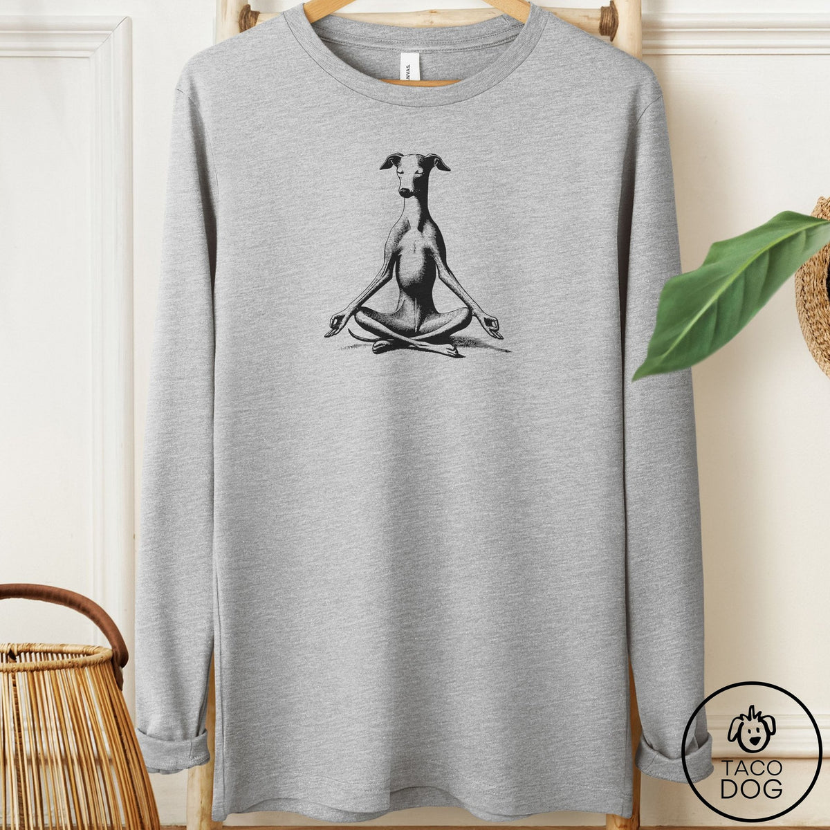 Italian Greyhound Whippet Meditate Long Sleeve Tee Athletic Heather Taco-Dog