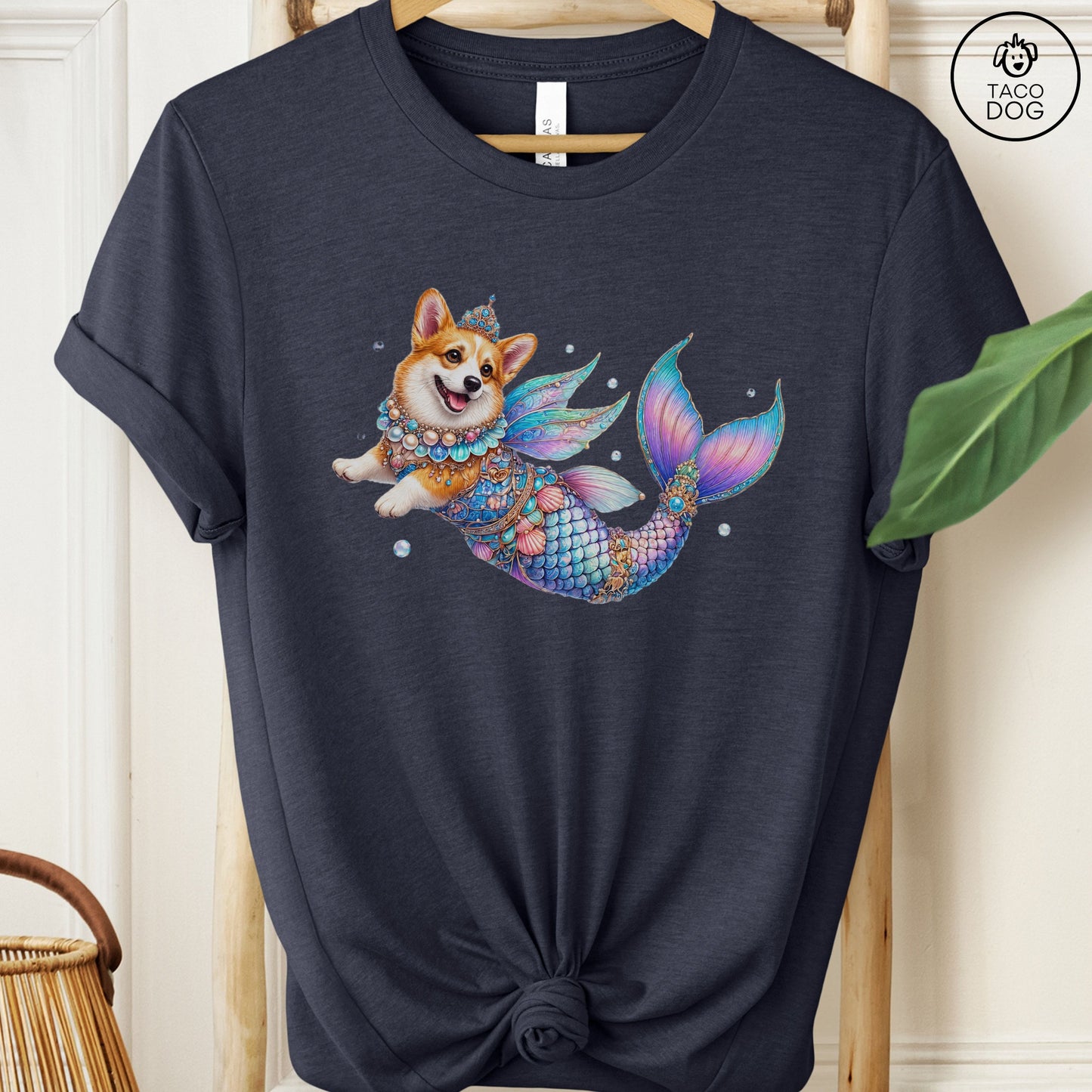 Corgi Mermaid T-Shirt Heather Midnight Navy Taco-Dog
