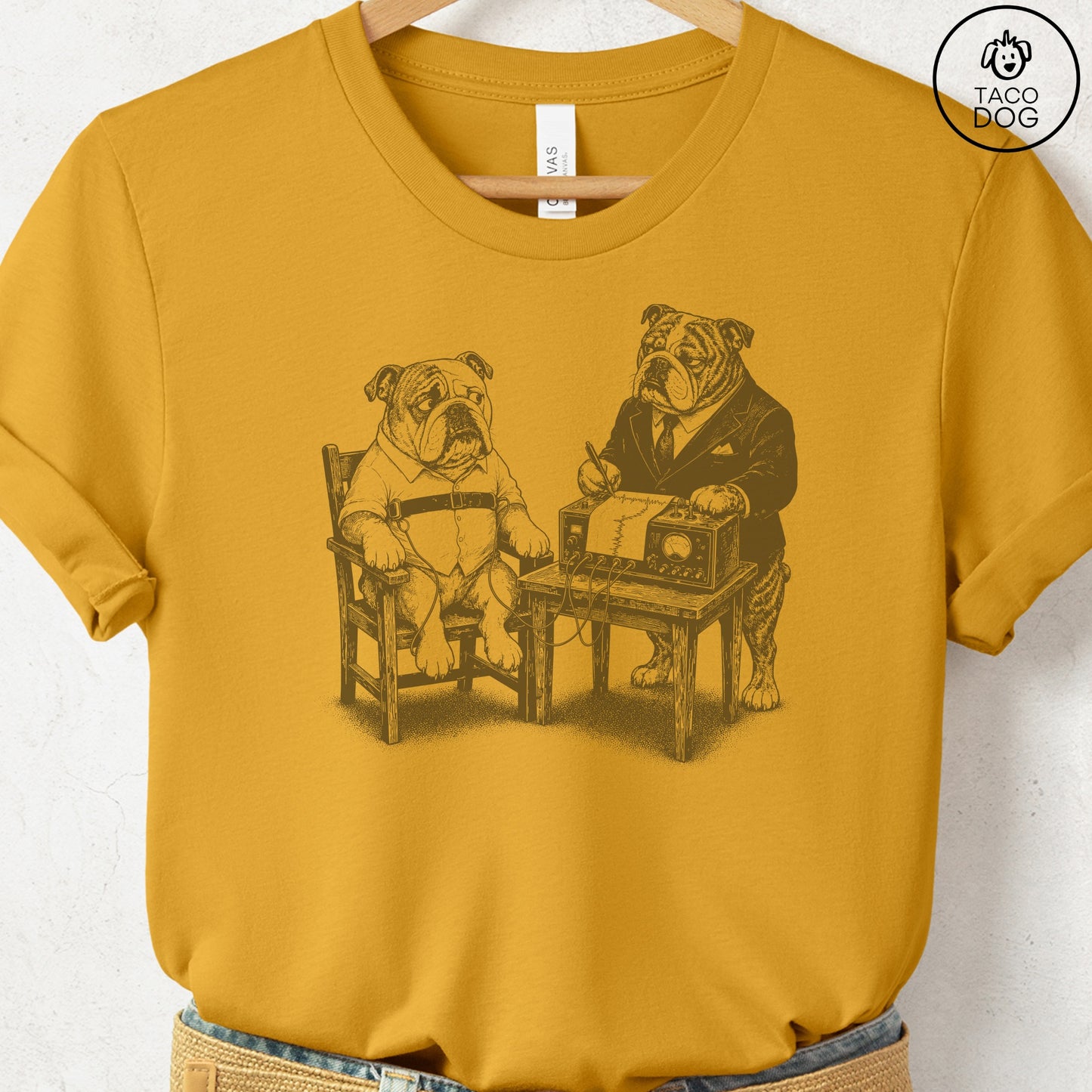 English Bulldog Polygraph T-Shirt Mustard Taco-Dog