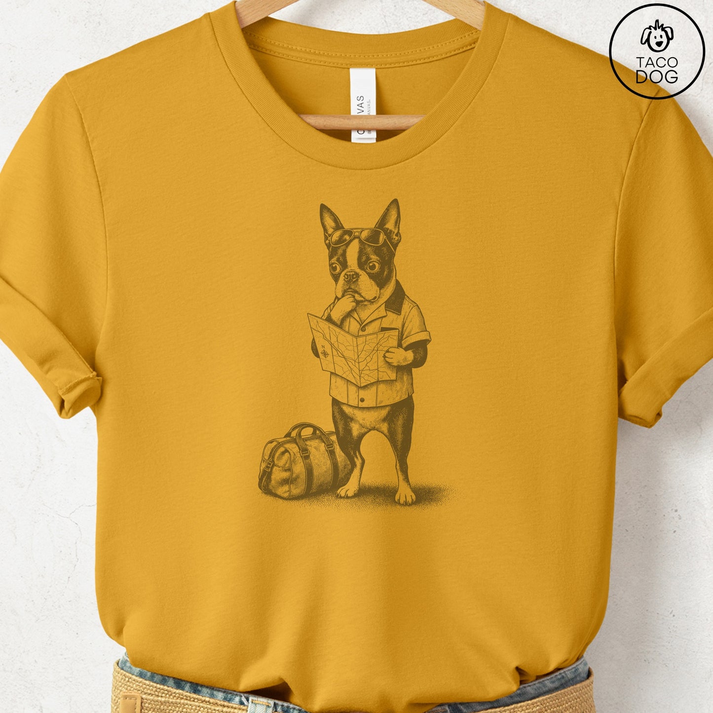 Boston Terrier Route 66 T-Shirt Mustard Taco-Dog
