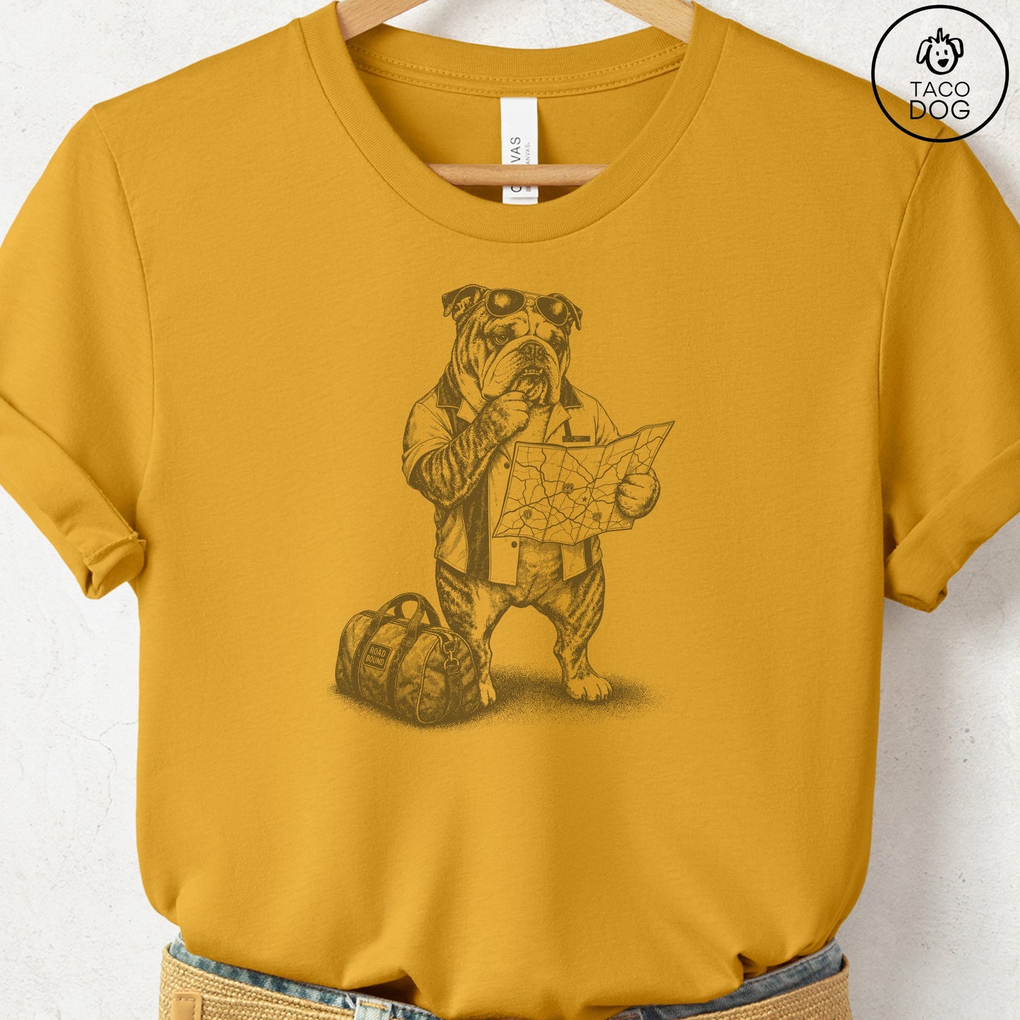 English Bulldog Route 66 T-Shirt Mustard Taco-Dog