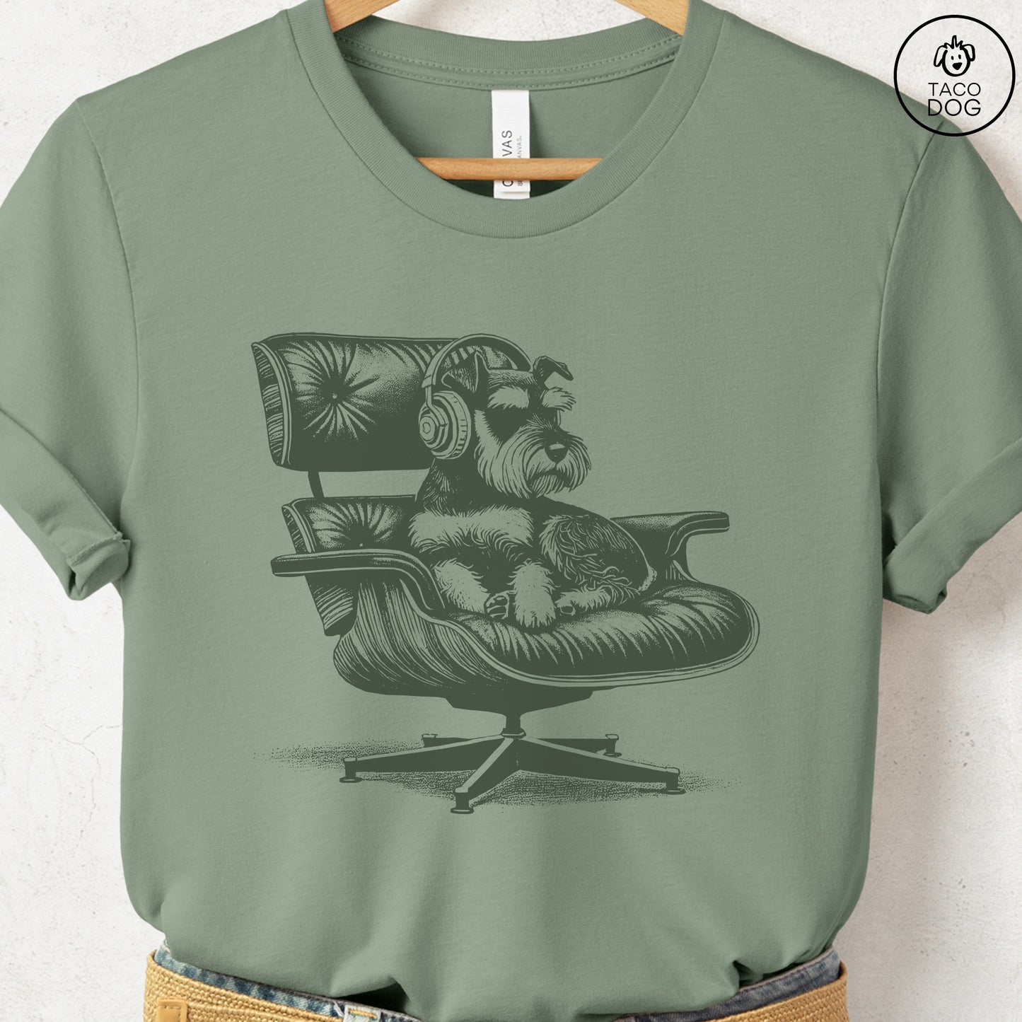 Schnauzer Eames Headphones T-Shirt Sage XS Taco-Dog