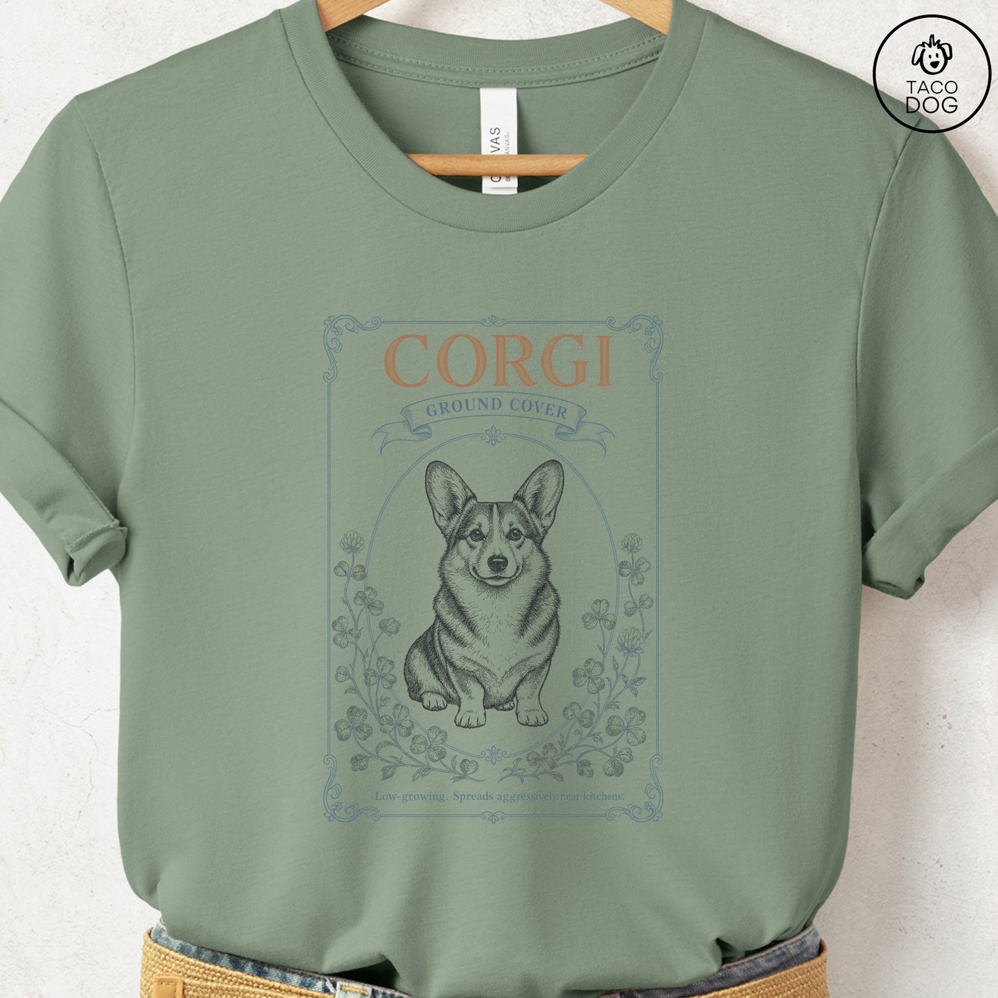Corgi Ground Cover Seed Packet T-Shirt Sage S Taco-Dog