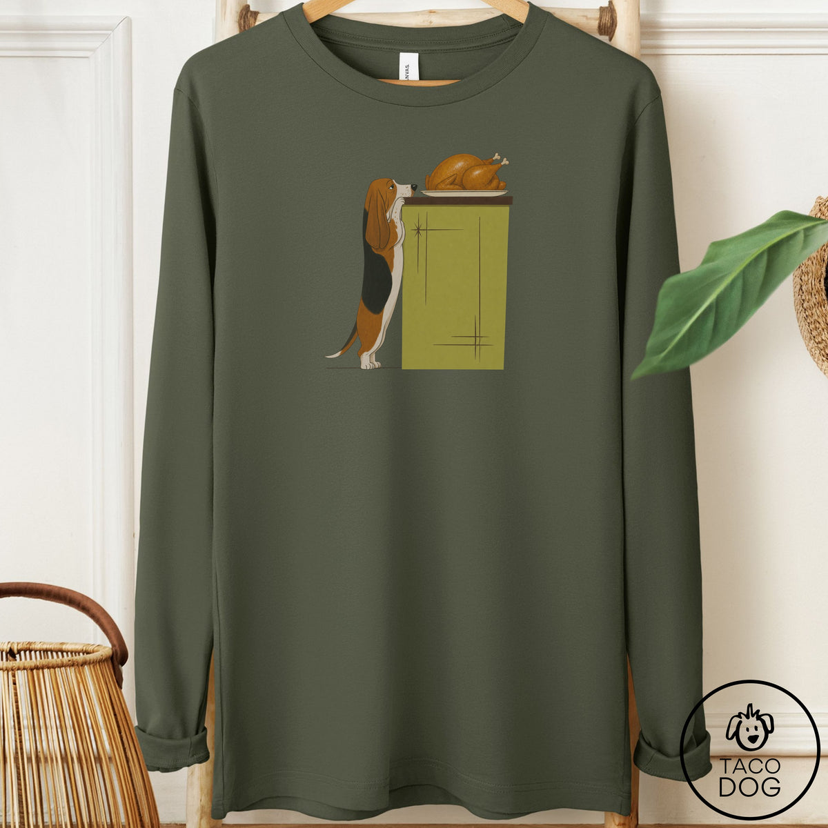 Basset Hound Turkey Long Sleeve Tee Military Green Taco-Dog
