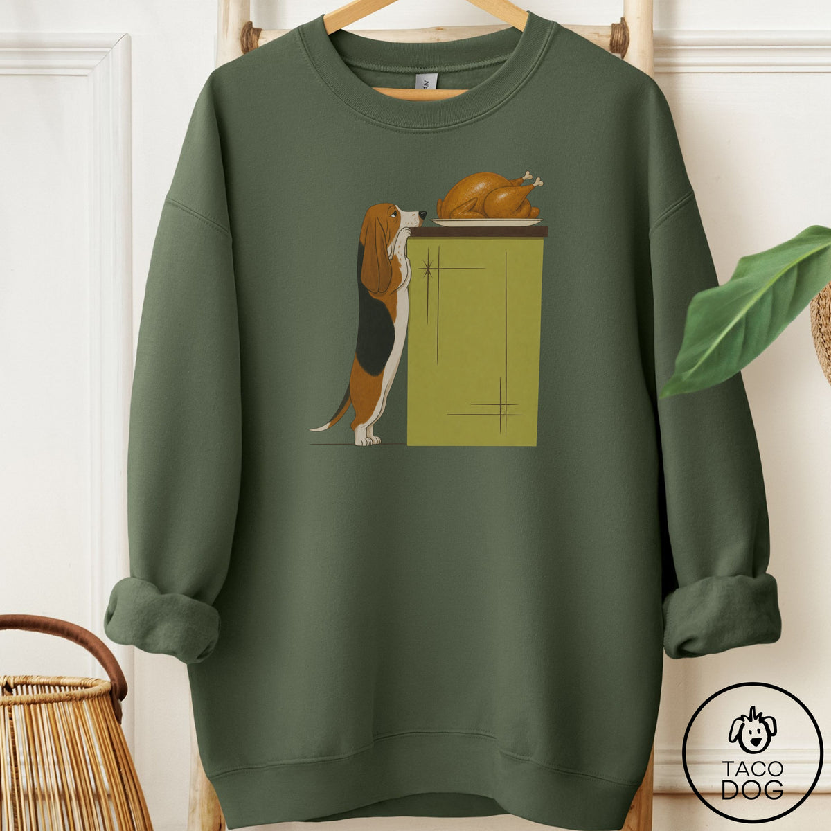 Basset Hound Turkey Sweatshirt Military Green Taco-Dog