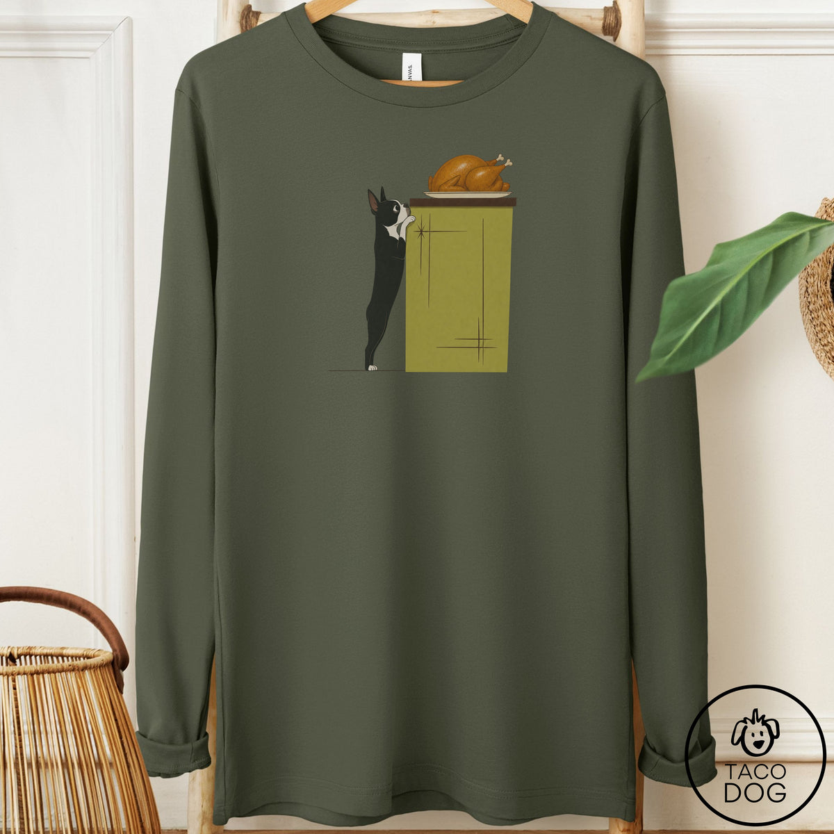 Boston Terrier Turkey Long Sleeve Tee Military Green Taco-Dog
