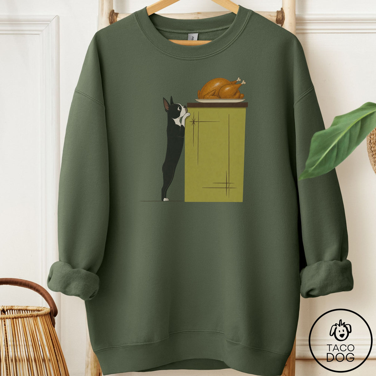 Boston Terrier Turkey Sweatshirt Military Green Taco-Dog