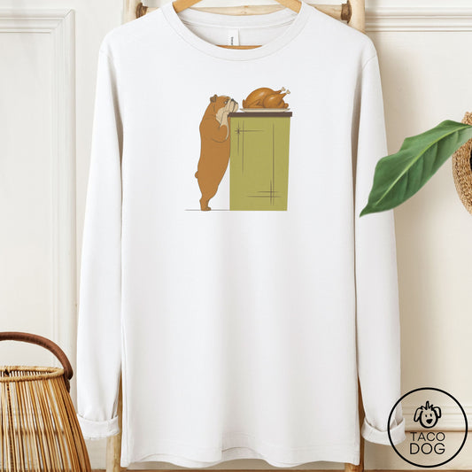 English Bulldog Turkey Long Sleeve Tee White Taco-Dog