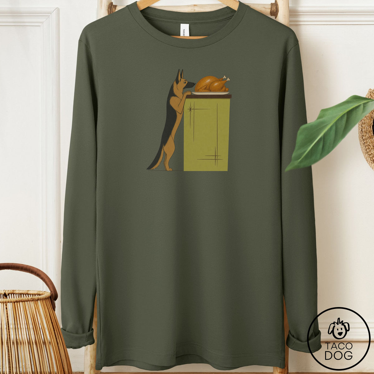 German Shepherd Turkey Long Sleeve Tee Military Green Taco-Dog