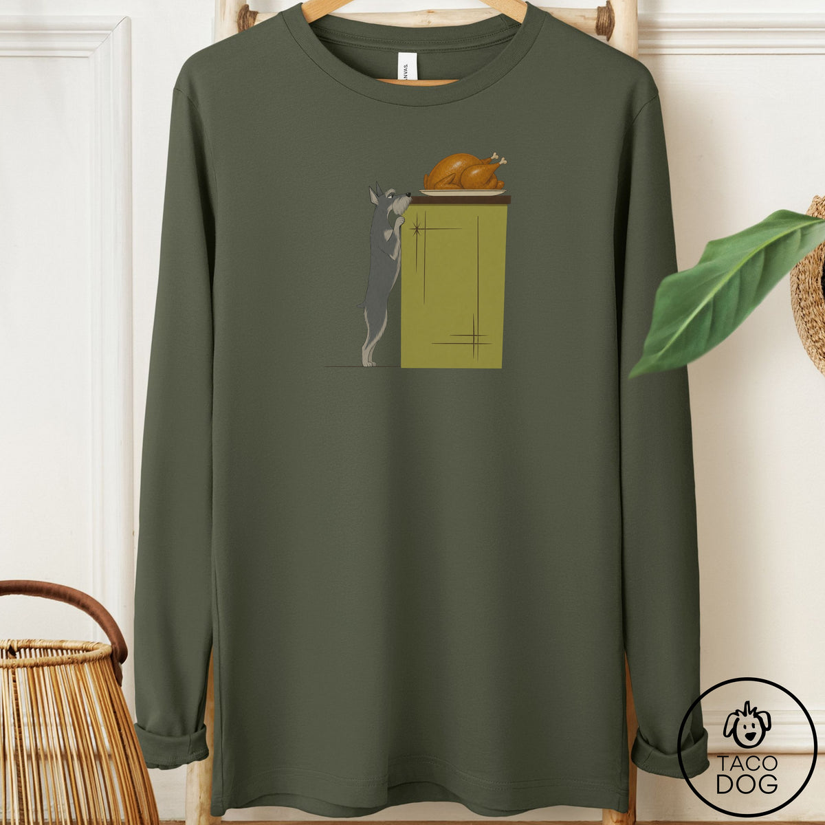 Schnauzer Turkey Long Sleeve Tee Military Green Taco-Dog