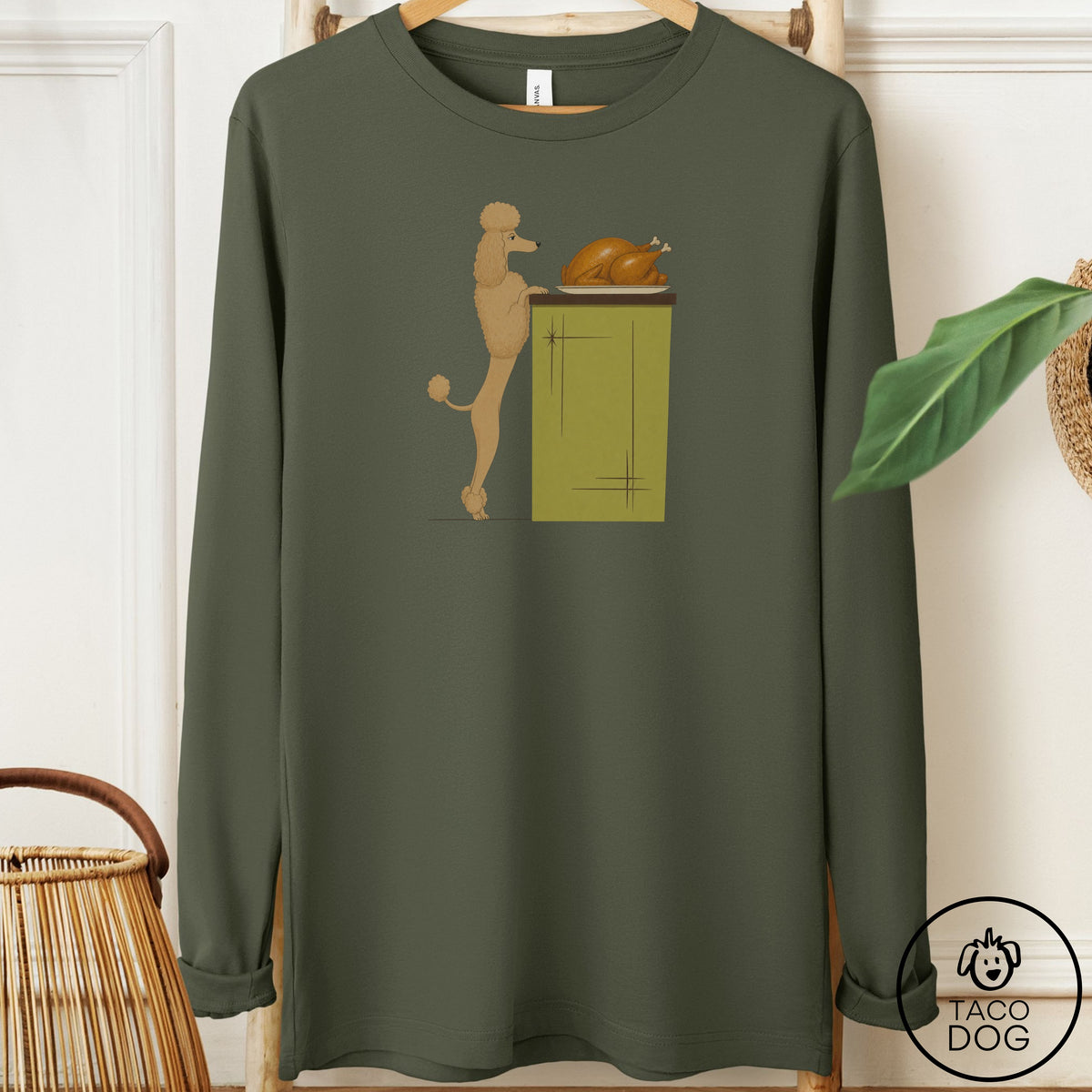 Poodle Turkey Long Sleeve Tee Military Green Taco-Dog