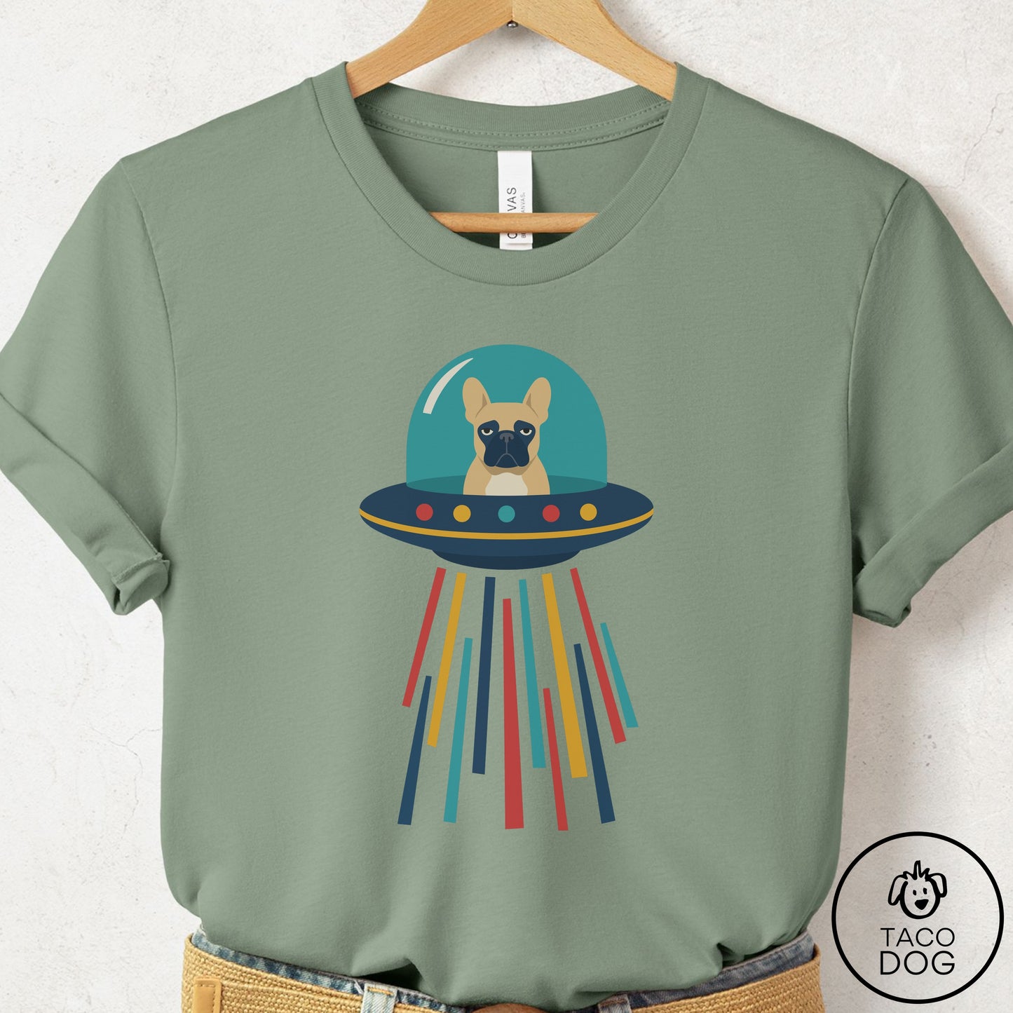 French Bulldog Frenchie UFO Joyride T-Shirt Sage Taco-Dog