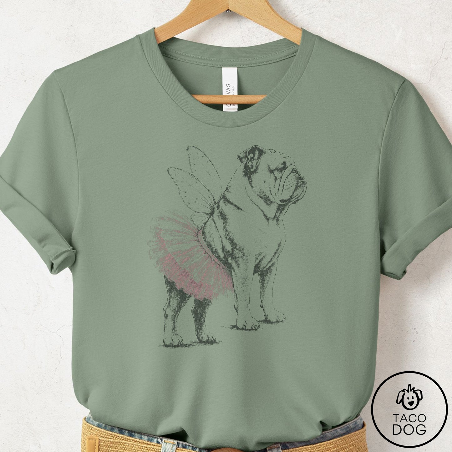 English Bulldog Vintage Fairy T-Shirt Sage Taco-Dog