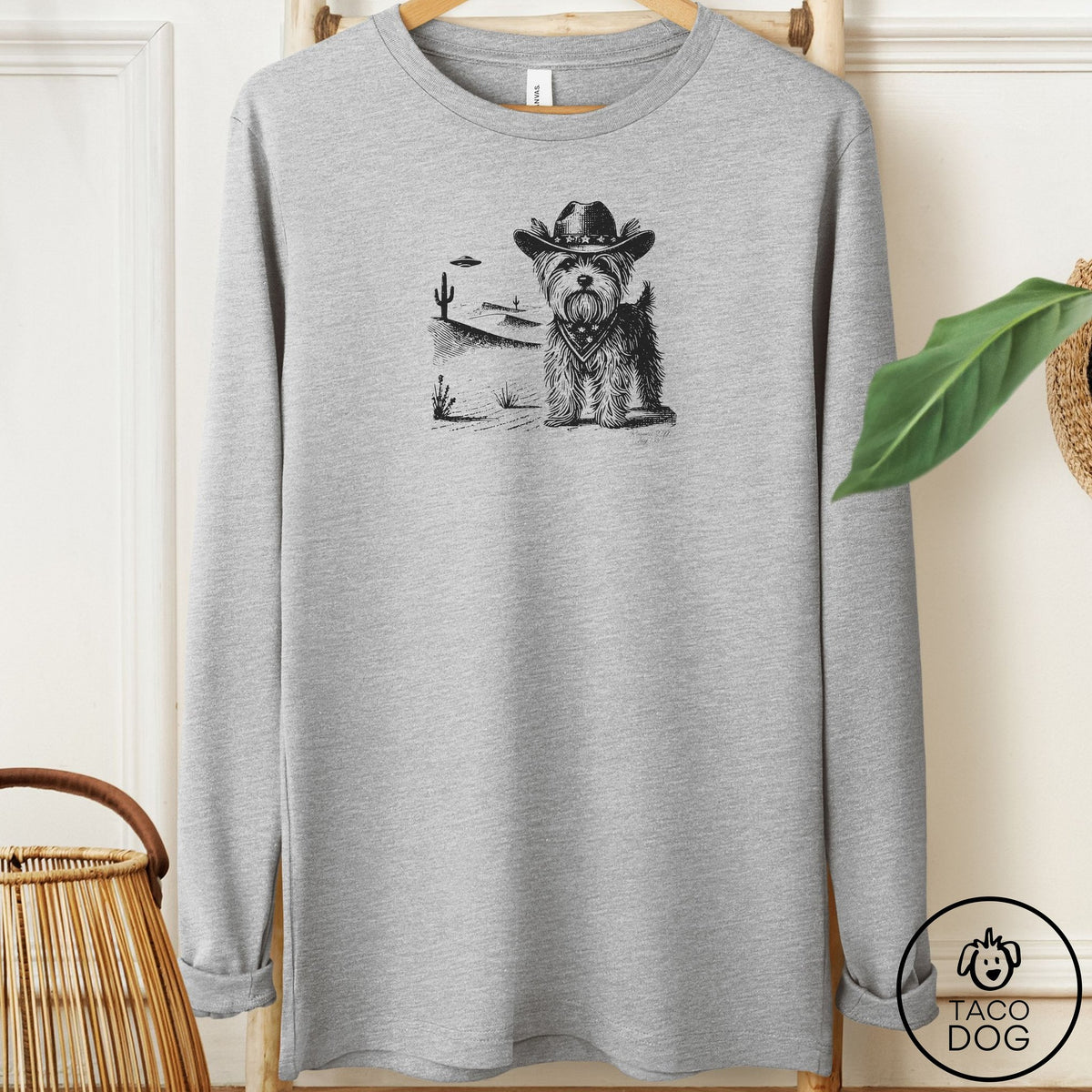 Yorkshire Terrier Yorkie Cowboy UFO Long Sleeve Tee Athletic Heather Taco-Dog