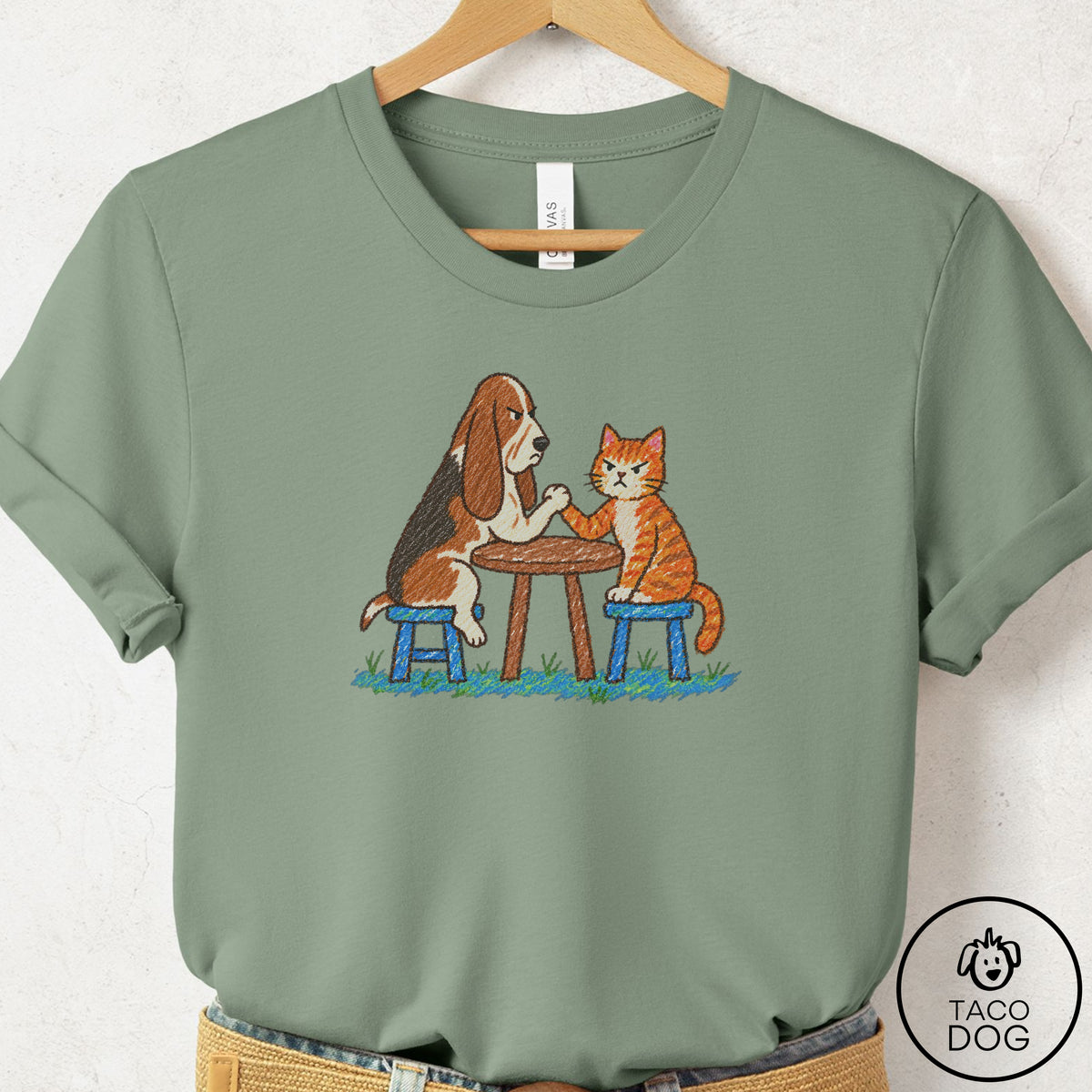 Basset Hound Arm Wrestling T-Shirt Sage Taco-Dog