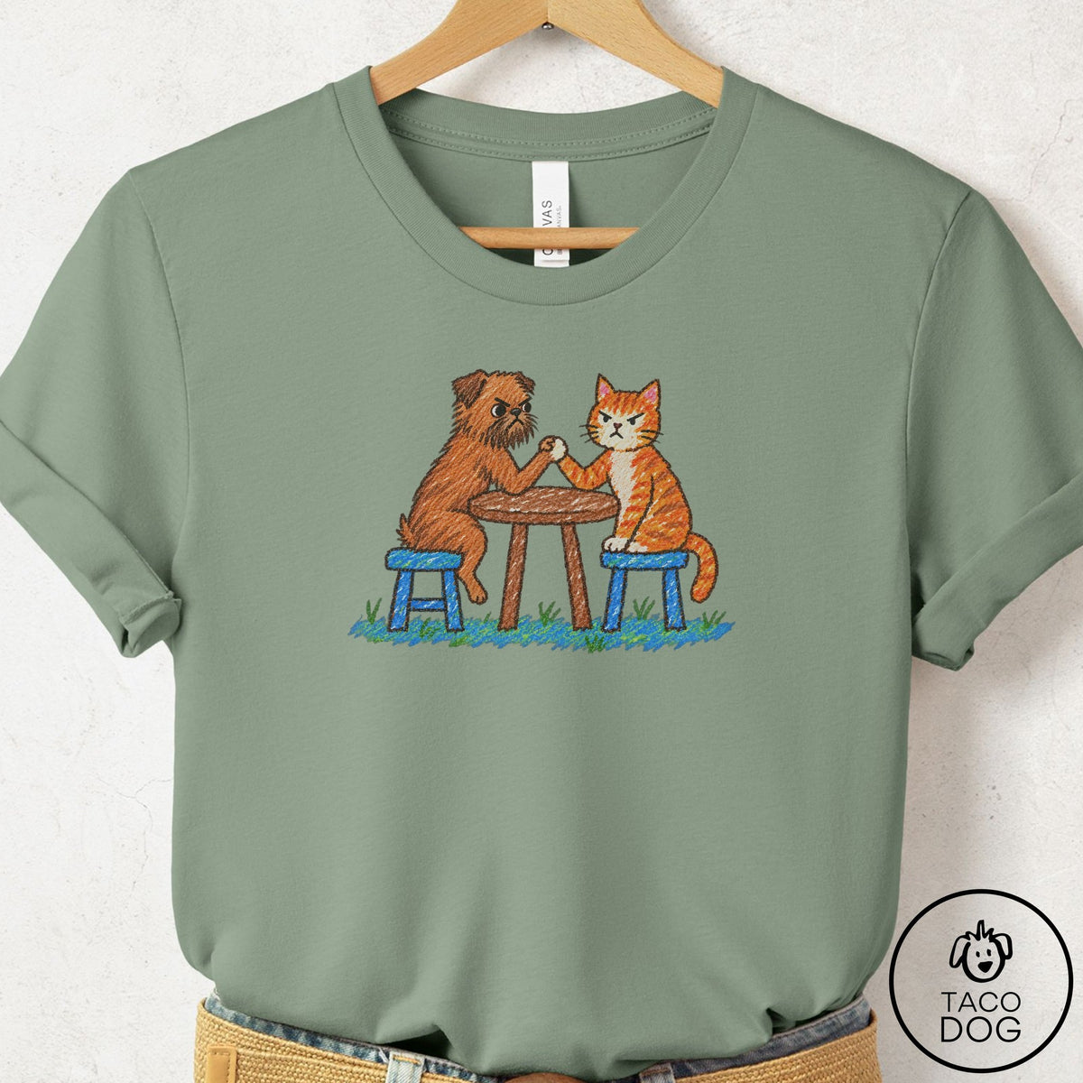 Brussels Griffon Arm Wrestling T-Shirt Sage Taco-Dog