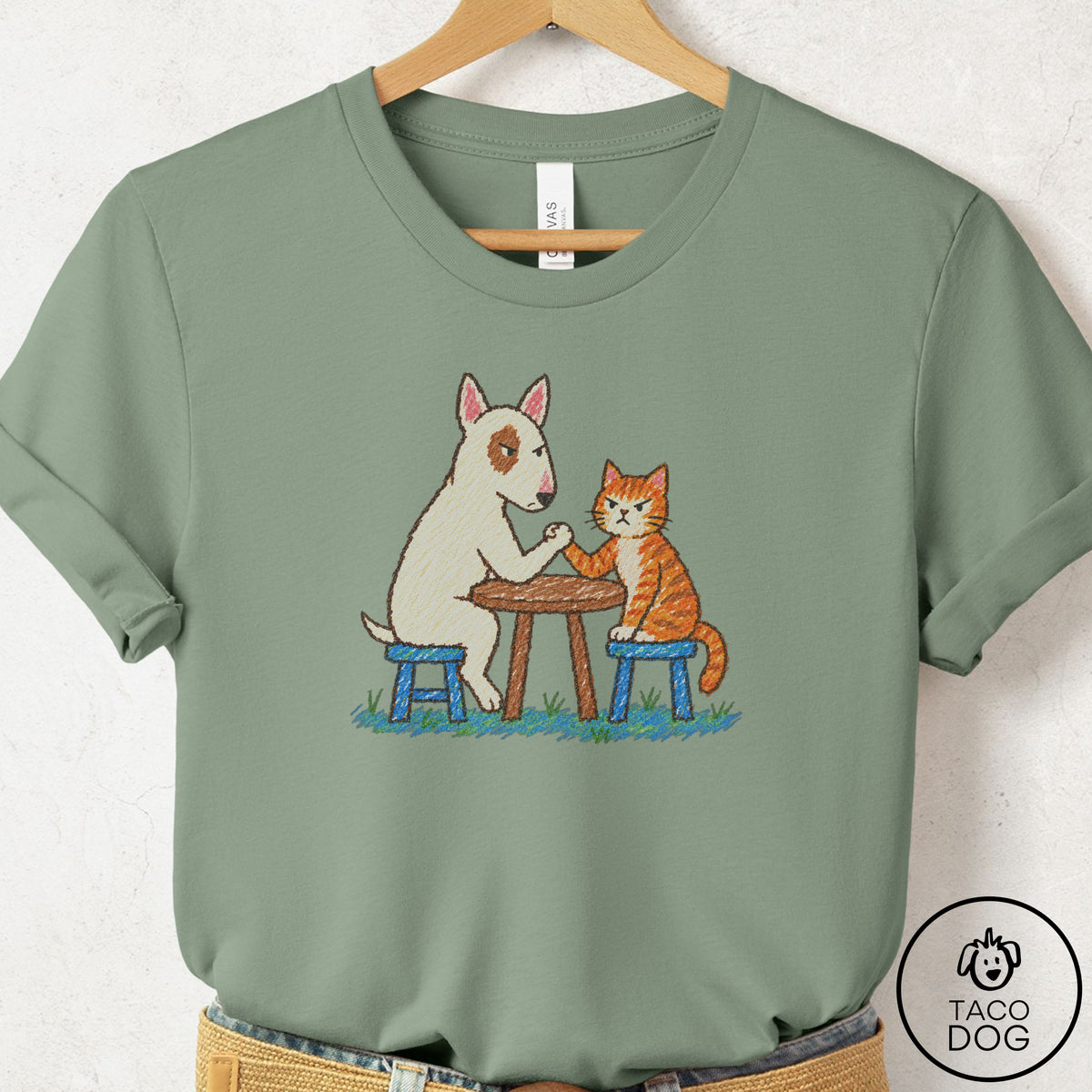 Bull Terrier Arm Wrestling T-Shirt Sage Taco-Dog