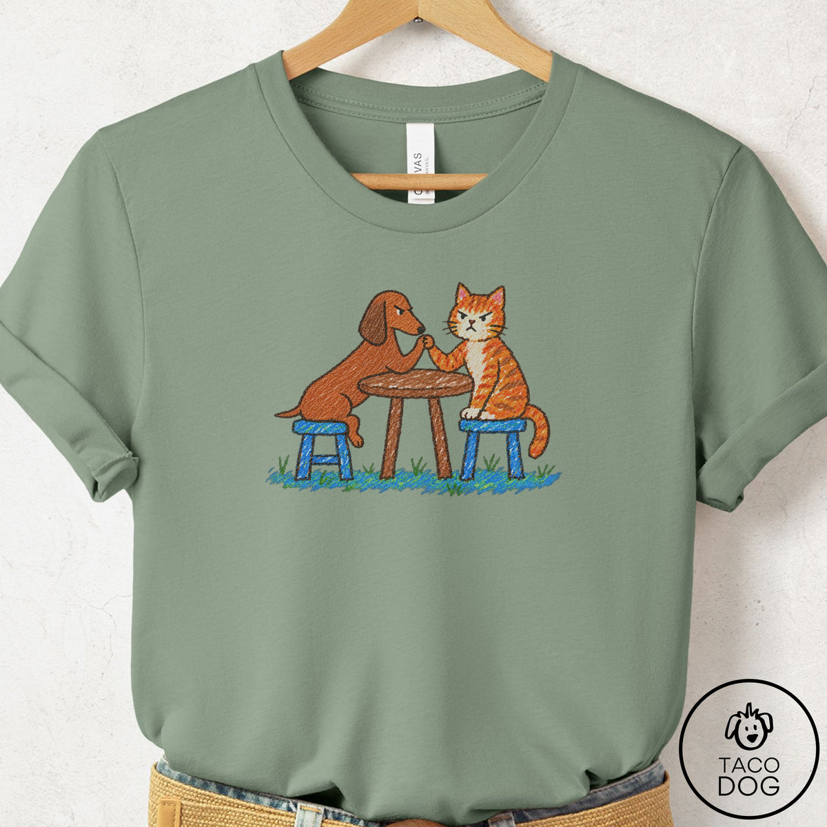 Dachshund Arm Wrestling T-Shirt Sage Taco-Dog