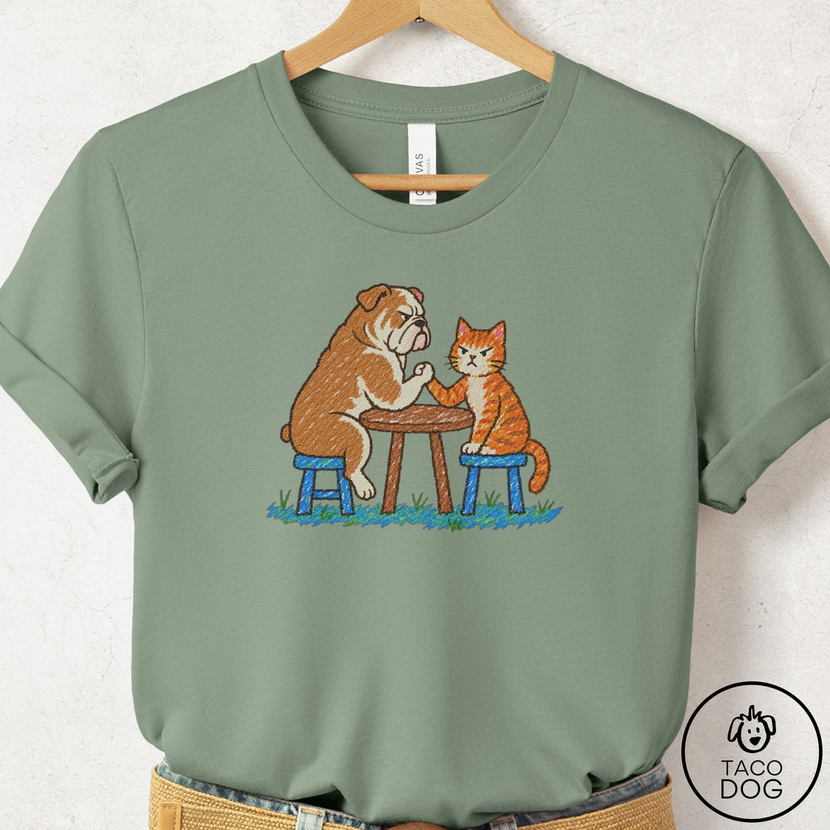 English Bulldog Arm Wrestling T-Shirt Sage Taco-Dog