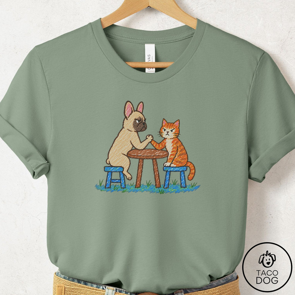 French Bulldog Frenchie Arm Wrestling T-Shirt Sage Taco-Dog
