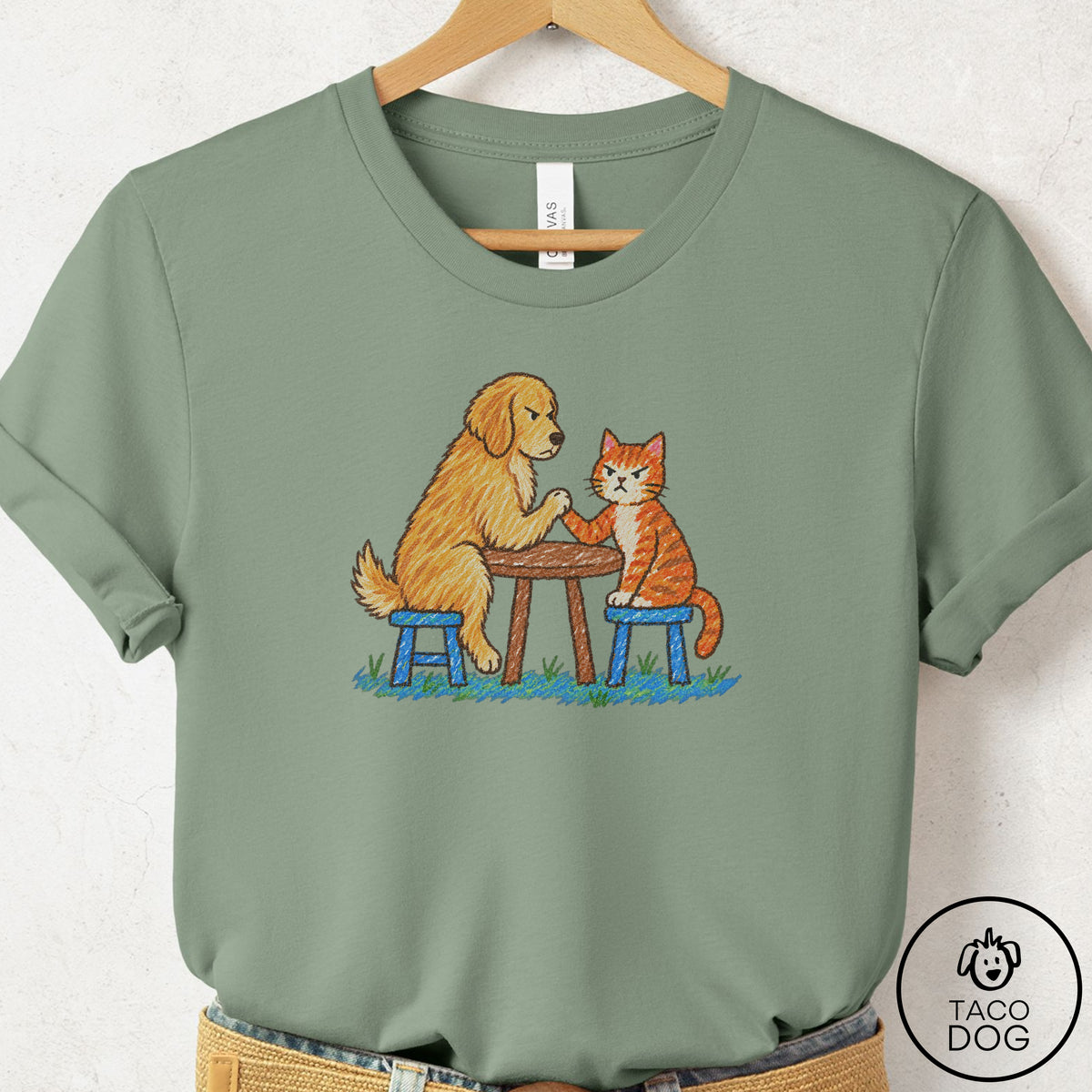 Golden Retriever Arm Wrestling T-Shirt Sage Taco-Dog