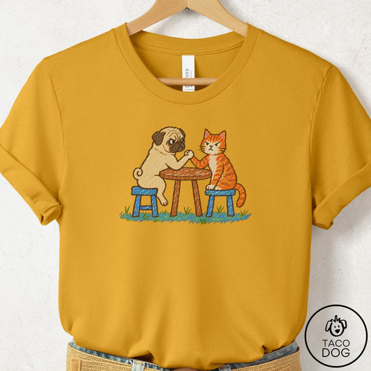 Pug Arm Wrestling T-Shirt Mustard Taco-Dog
