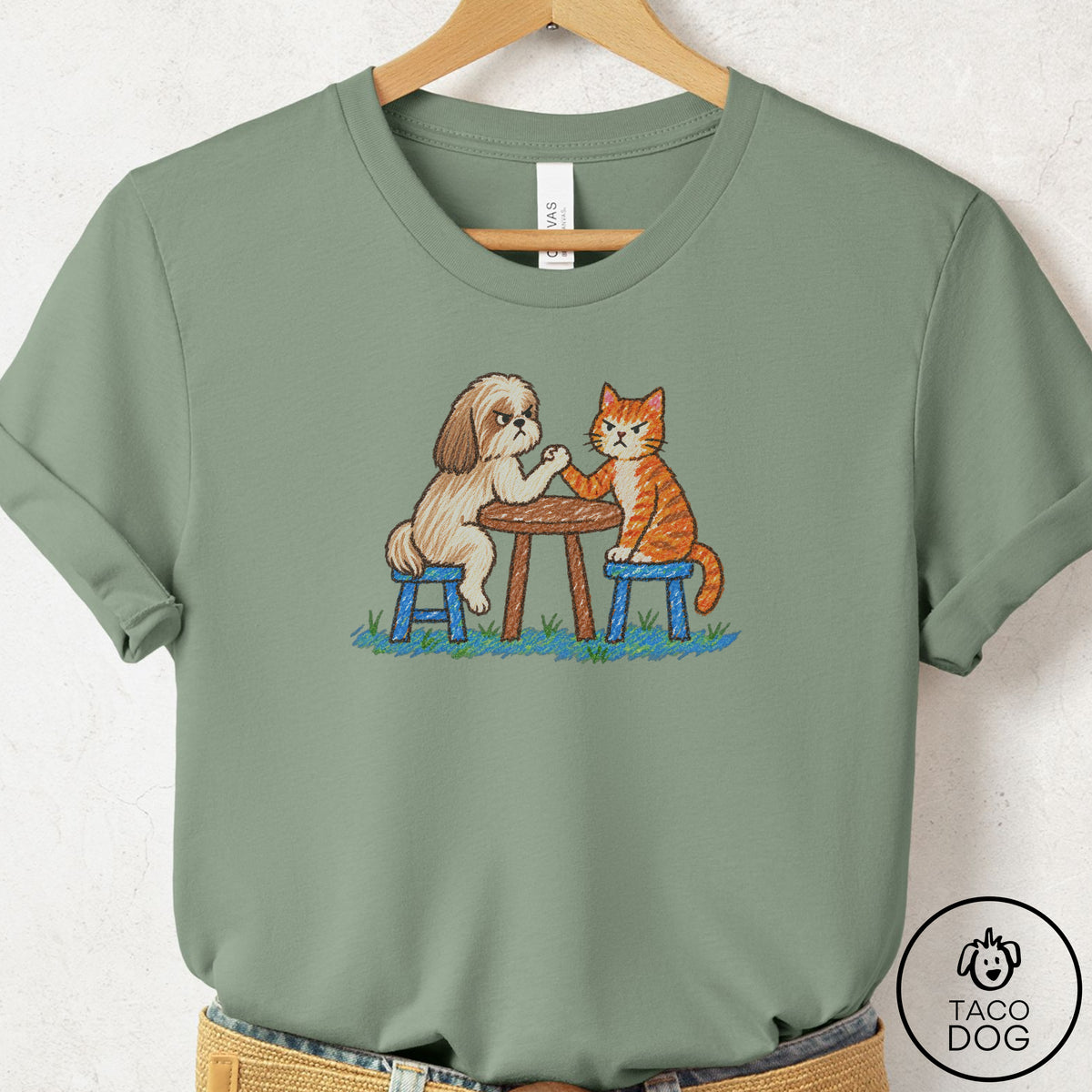 Shih Tzu Arm Wrestling T-Shirt Sage Taco-Dog