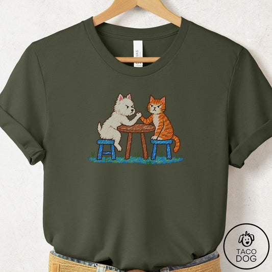 Westie Arm Wrestling T-Shirt Military Green Taco-Dog