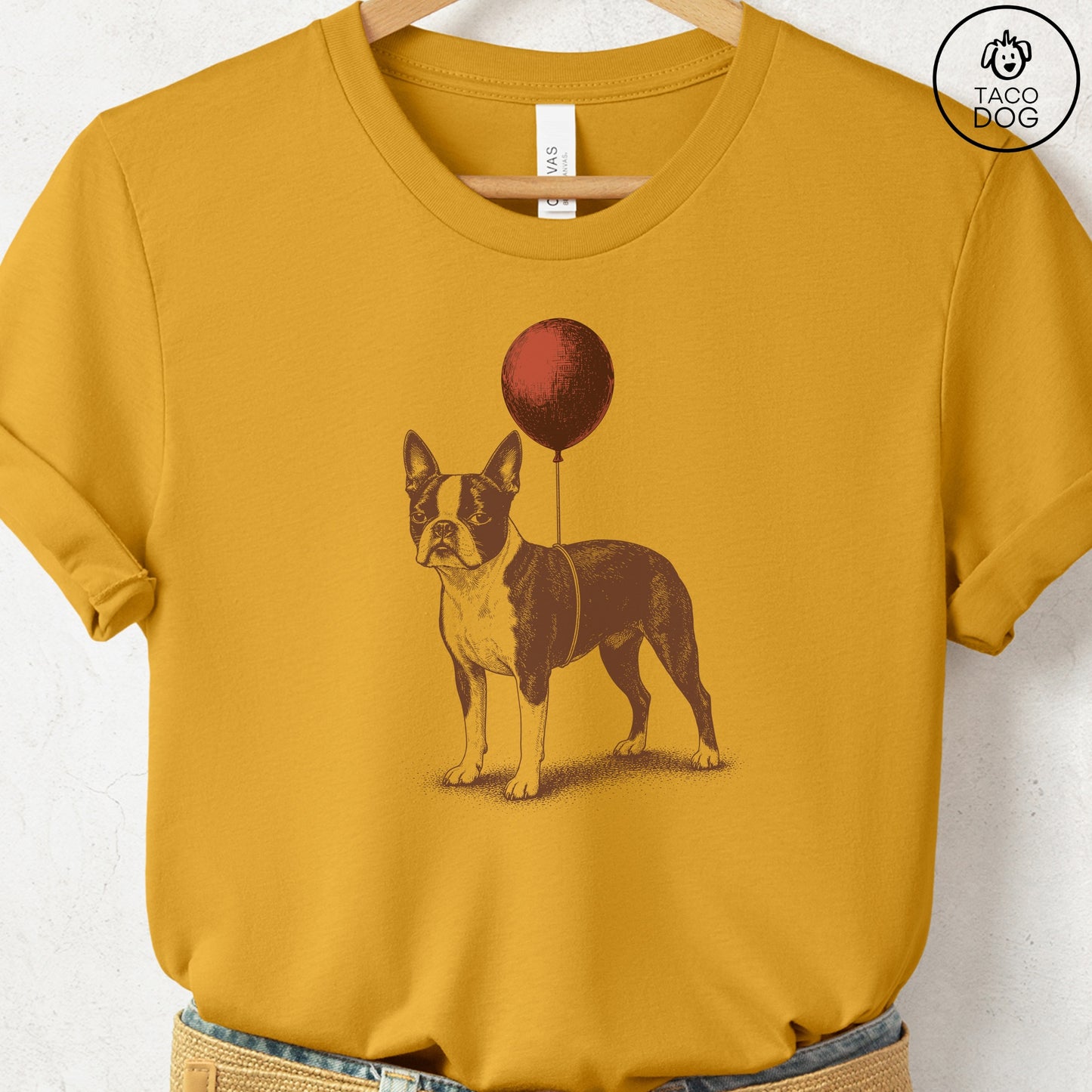 Boston Terrier Balloon T-Shirt Mustard S Taco-Dog