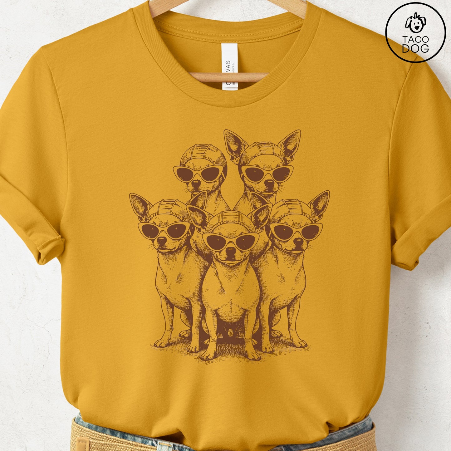 Chihuahua Bathing Beauties T-Shirt Mustard S Taco-Dog