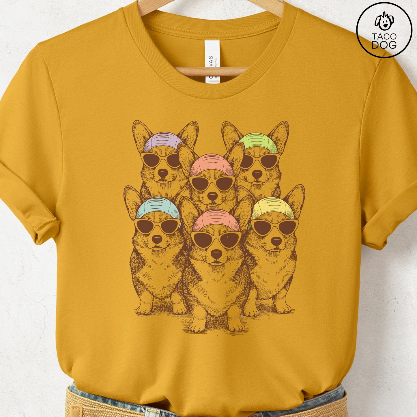 Corgi Bathing Beauties T-Shirt Mustard S Taco-Dog