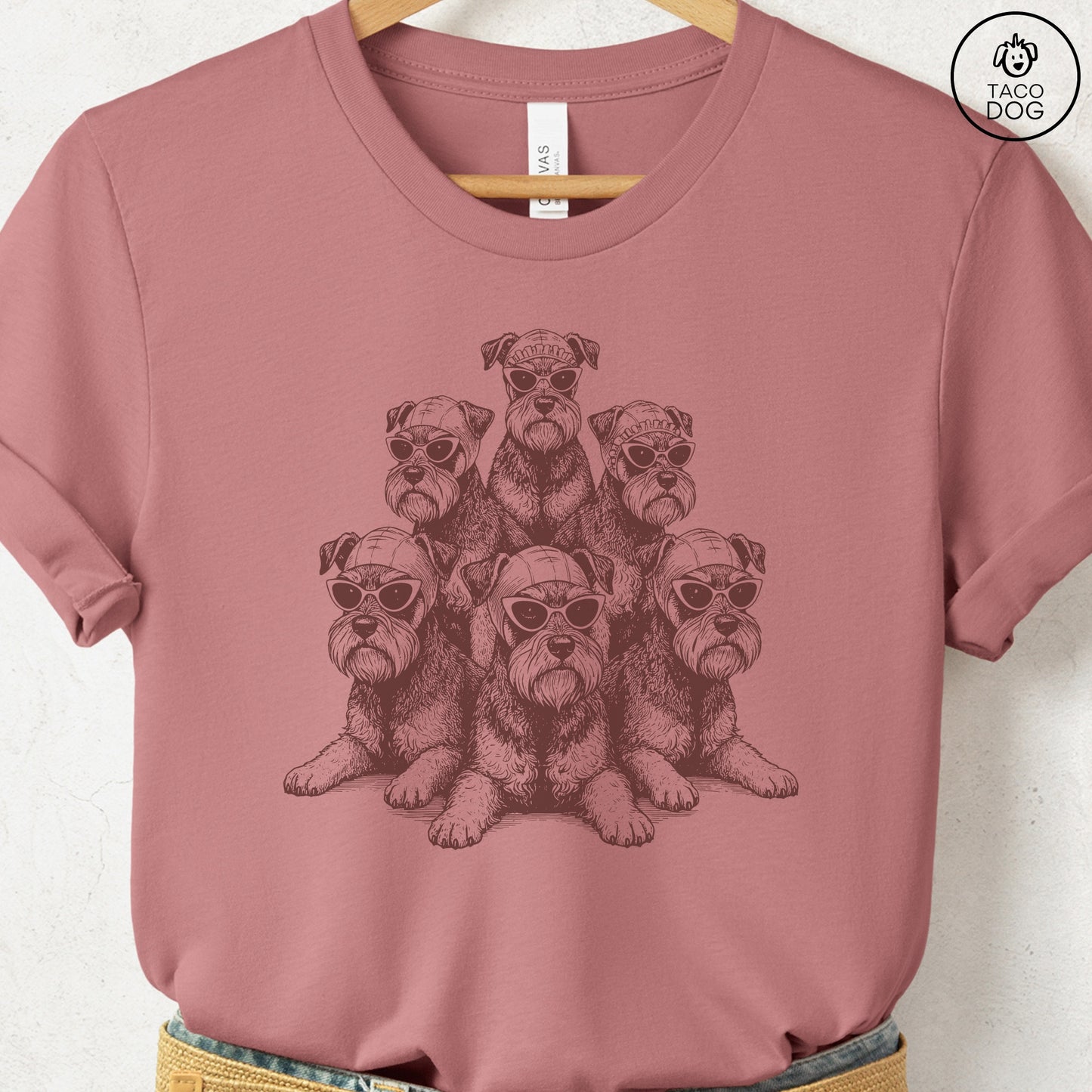 Schnauzer Bathing Beauties T-Shirt Heather Mauve S Taco-Dog