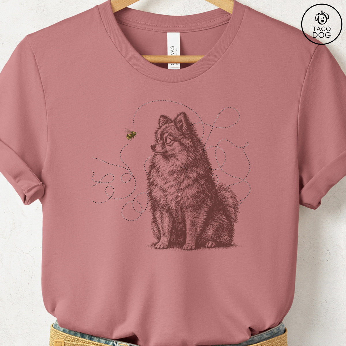 Pomeranian Bee T-Shirt Heather Mauve Taco-Dog