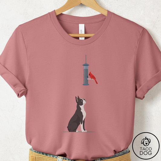 Boston Terrier Birder T-Shirt Mauve Taco-Dog