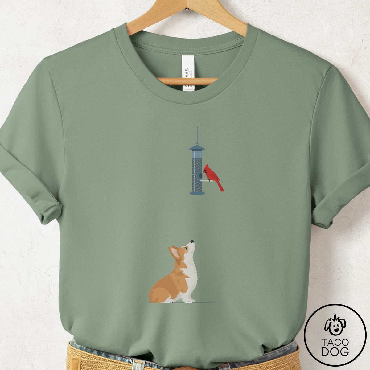 Corgi Birder T-Shirt Sage Taco-Dog