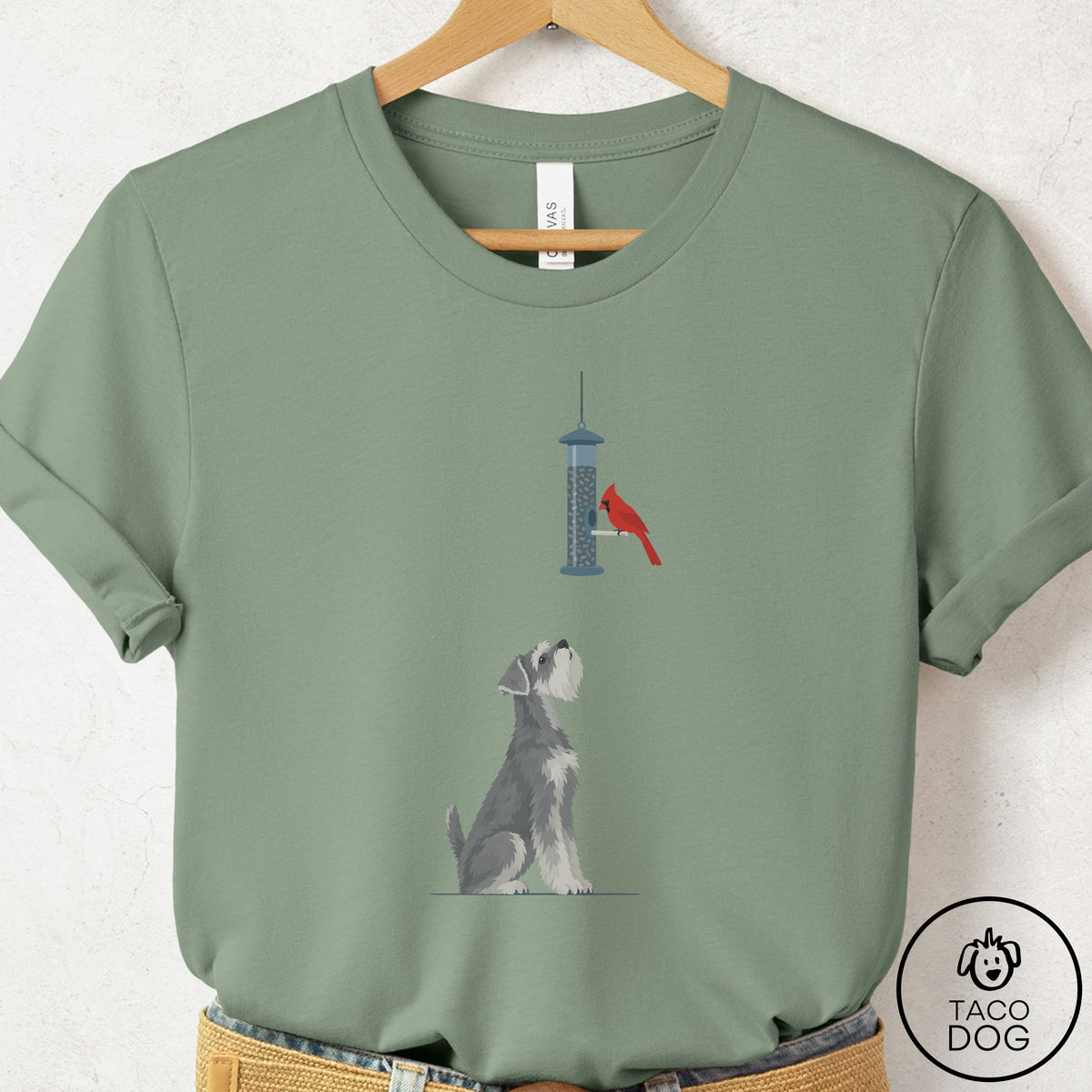 Schnauzer Birder T-Shirt Sage Taco-Dog