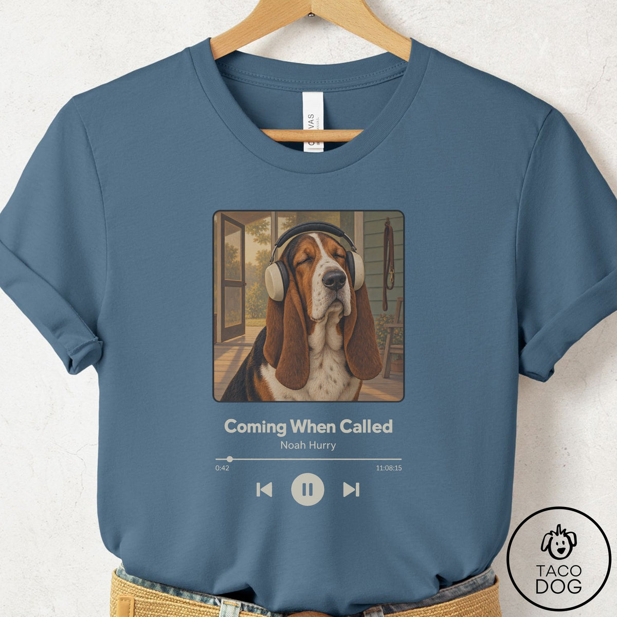 Basset Hound Book on Tape T-Shirt Steel Blue Taco-Dog