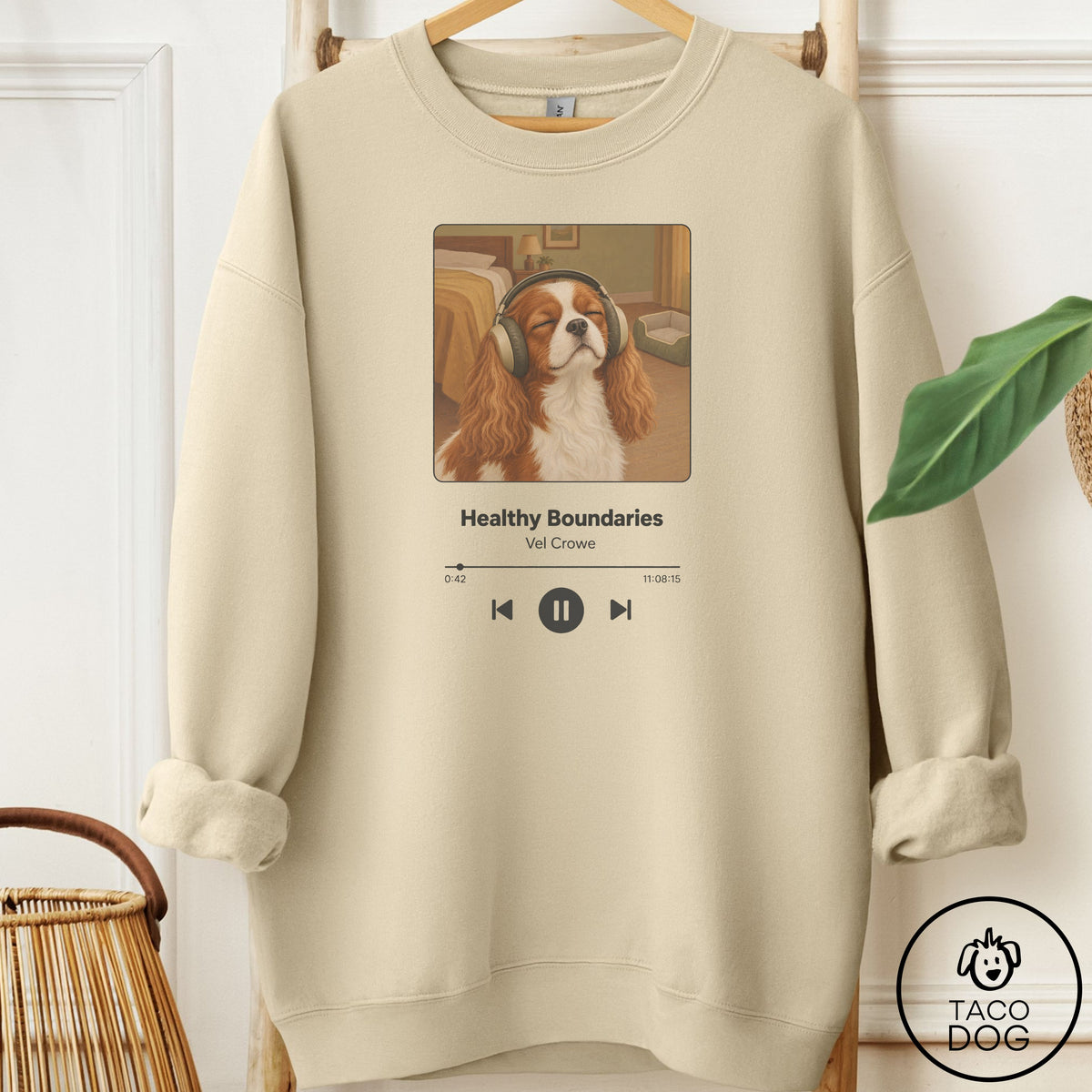 Cavalier King Charles Spaniel Book on Tape Sweatshirt Sand Taco-Dog