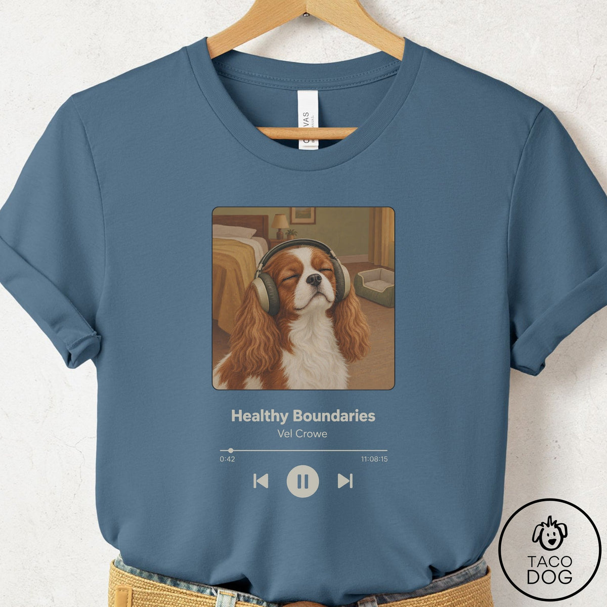 Cavalier King Charles Spaniel Book on Tape T-Shirt Steel Blue Taco-Dog