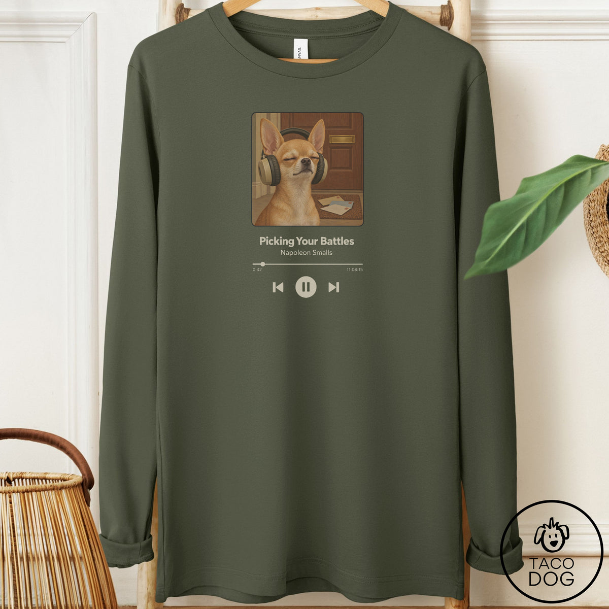 Chihuahua Book on Tape Long Sleeve Tee Military Green Taco-Dog