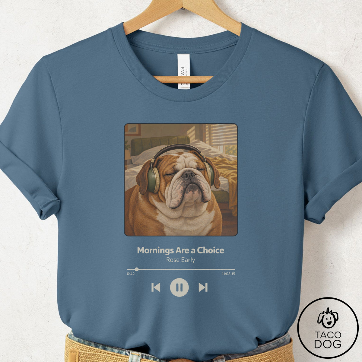 English Bulldog Book on Tape T-Shirt Steel Blue Taco-Dog