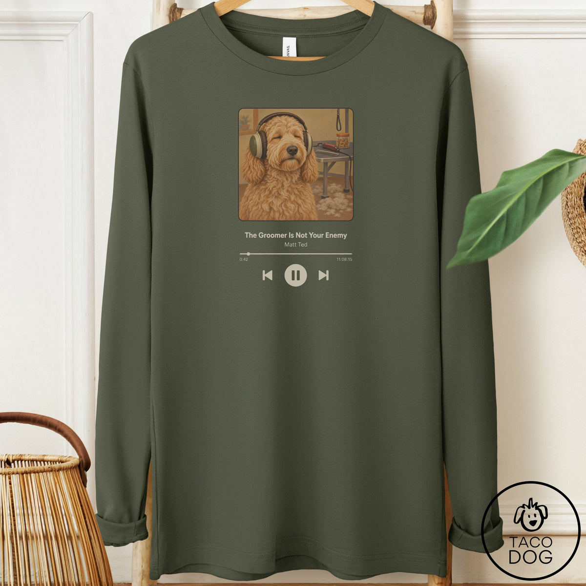 Doodle Book on Tape Long Sleeve Tee Military Green Taco-Dog