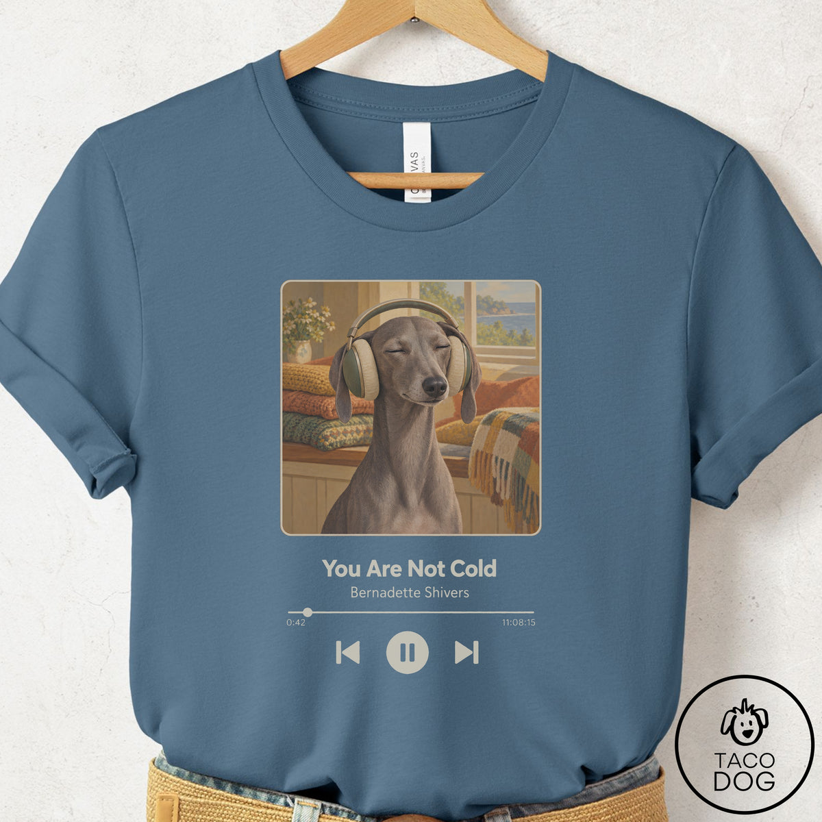 Italian Greyhound Whippet Book on Tape T-Shirt Steel Blue Taco-Dog