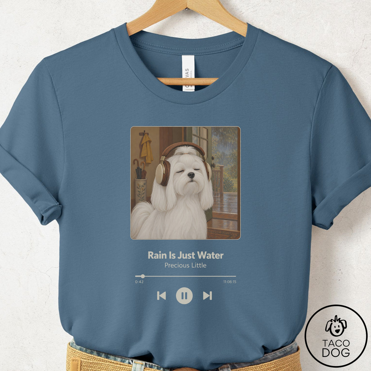 Maltese Book on Tape T-Shirt Steel Blue Taco-Dog