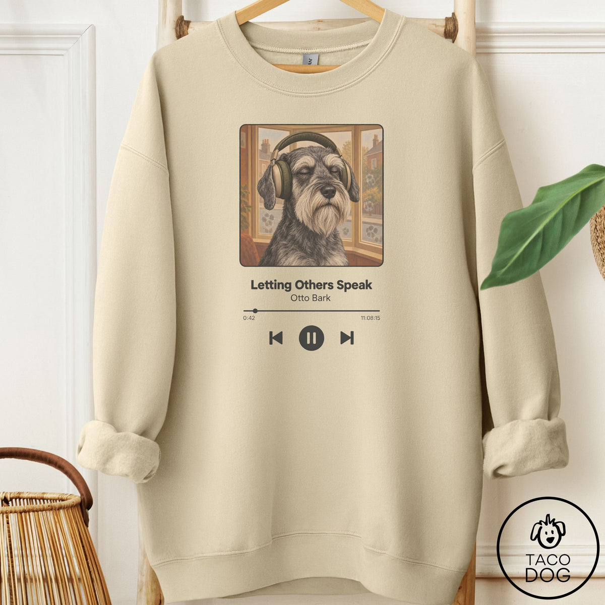 Schnauzer Book on Tape Sweatshirt Sand Taco-Dog
