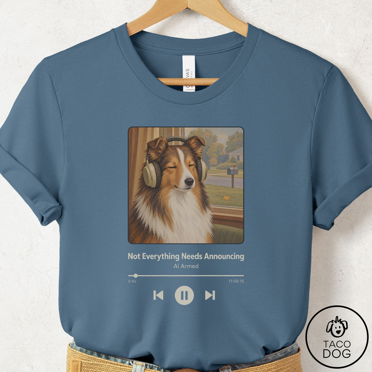 Shetland Sheepdog Book on Tape T-Shirt Steel Blue Taco-Dog
