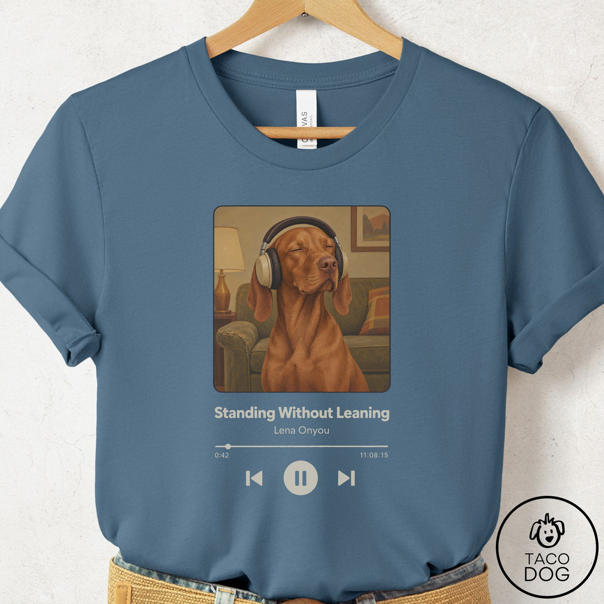 Vizsla Book on Tape T-Shirt Steel Blue Taco-Dog
